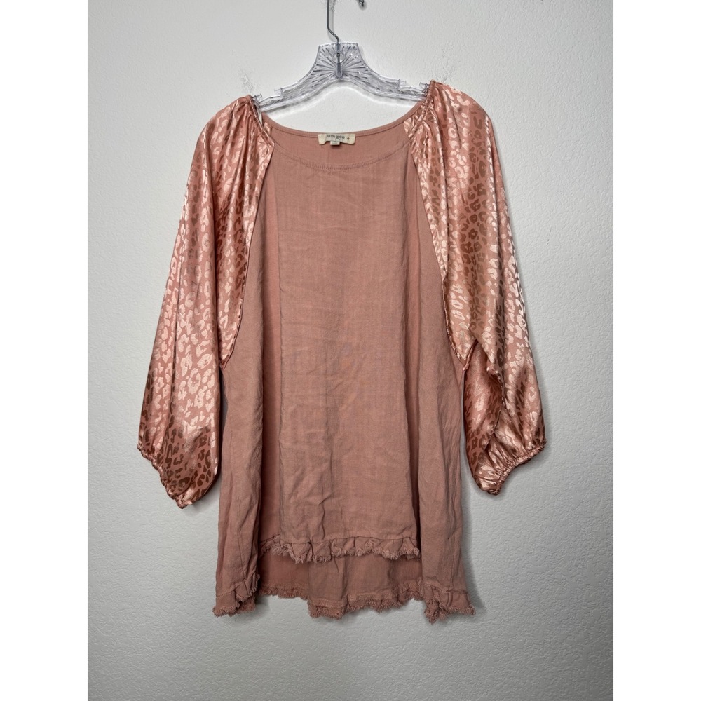 Umgee USA Dusty Rose Linen Blend Top Leopard Satin Sleeve Fringe Hem Womens â XL